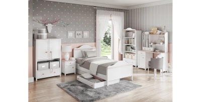 Möbelset LUNA II Für Kinder Und Jugendliche Bett Mit Schubladen Hohe Kommode Regal Nachttisch Und Schreibtisch Mit Sekretär Aufsatz