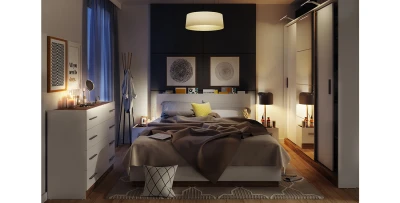 5-teiliges Schlafzimmer Komplett-Set DENTRO – Weiß/Eiche mit Bettkasten & LED