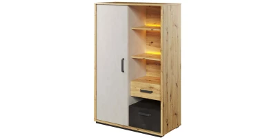 Schrank QUBIC QB05, Regal mit 1 Tür, 2 Schubladen und Beleuchtung, Hochschrank
