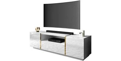 TV-Lowboard ONYX (158x46 cm) Weiß/Schwarz Hochglanz, Gold-Akzente & Push-Open