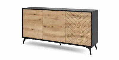 Großes Sideboard DIAMOND K-154 (154 cm) – Eiche Evoke & Schwarz | Fischgrät-Design