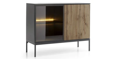 Kommode SANTIA 104 cm 2-türig – Industrial mit LED-Glasfront – Eiche