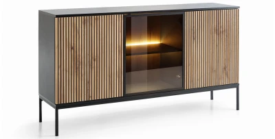 Kommode SANTIA 154 cm – Industrial Design mit LED-Glasfront – Eiche