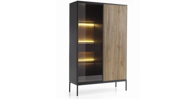 Vitrine SANTIA 104 cm – Industrial Design in Schwarz & Eiche mit LED-Beleuchtung