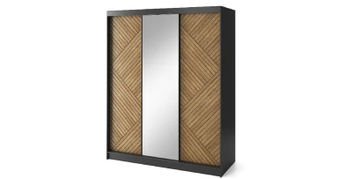 Kleiderschrank mit Schiebetüren und Spiegel Marrphy Garderobe 180x60x220 Schwarz/Eiche Karamell 