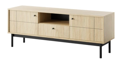 Design TV-Lowboard JAPANDI 153 cm Eiche Linea geriffelt Fernsehtisch Holzfüße