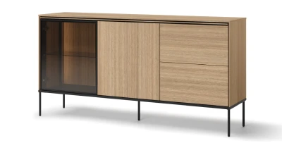 XXL Sideboard / Glas-Kommode VISSO VI-05 167 cm Eiche Linear, mit Beleuchtung & Push-to-Open