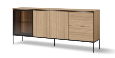 XXXL Sideboard / Glas-Kommode VISSO VI-06 201 cm Eiche Linear, LED, Push-to-Open