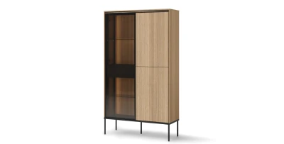 Standvitrine VISSO VI-01 91 cm Eiche Linear, mit LED-Beleuchtung, grifflos, Metallfüße