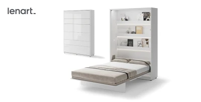  Wandklappbett Bed Concept BC-01 140x200 Schrankbett Vertikal Lenart Gästebett Weiß Hochglanz