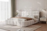 Seitenansicht des eleganten Bettes Bubble (200x200 cm) im Bouclé-Stoff, harmonisch integriert in ein gemütliches Schlafzimmer-Arrangement. im legend01