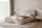 Seitenansicht des eleganten Bettes Bubble (200x200 cm) im Bouclé-Stoff, harmonisch integriert in ein gemütliches Schlafzimmer-Arrangement. im legend_02