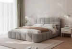 Seitenansicht des eleganten Bettes Bubble (200x200 cm) im Bouclé-Stoff, harmonisch integriert in ein gemütliches Schlafzimmer-Arrangement. im legend_04