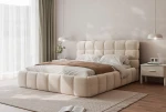 Seitenansicht des eleganten Bettes Bubble (200x200 cm) im Bouclé-Stoff, harmonisch integriert in ein gemütliches Schlafzimmer-Arrangement. im quelle_02