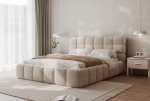 Seitenansicht des eleganten Bettes Bubble (200x200 cm) im Bouclé-Stoff, harmonisch integriert in ein gemütliches Schlafzimmer-Arrangement. im quelle_05