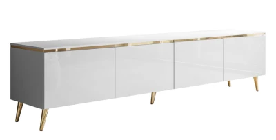 RTV-Schrank Celine 200 cm Weiß/Hochglanz mit LED-Beleuchtung gold Beine