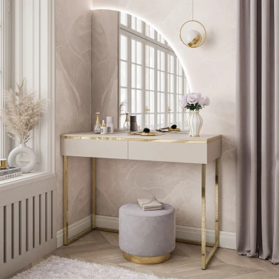 Schminktisch AURORA-Q Gold (102 cm) – Halbmond-Spiegel & Stahlgestell