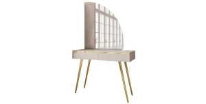 Schminktisch AURORA-SQ (102 cm) – Halbmond-Spiegel & schräge Gold-Beine