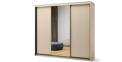 XXL Schwebetürenschrank TREND TS-02 (250 cm) 3-türig mit Rillenfront & LED – Sandbeige