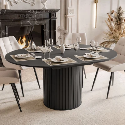 Esstisch Rund Ausziehbar LINNEA Ø 120-160 cm – Säule in Lamellen-Optik – Schwarz Matt