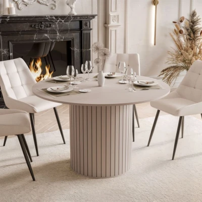 Esstisch Rund Ø 120 cm LINNEA – Säule in Lamellen-Optik – Kaschmir / Beige
