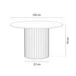 Technische Skizze des runden Esstisches Linnea, die die genauen Abmessungen (Ø 120 cm) und Proportionen für die optimale Raumplanung detailliert darstellt.