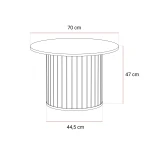 Technische Skizze des runden Couchtisches Linnea, die die genauen Abmessungen (Ø 70 cm) und Proportionen für eine optimale Raumplanung detailliert darstellt.
