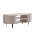 Draufsicht auf den ovalen Couchtisch Linnea, die die weich abgerundeten Kanten und die pflegeleichte Tischplatte in Kaschmir Beige zeigt.