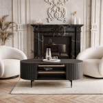 Schräge Ansicht des ovalen Couchtisches Linnea (104 cm) in Schwarz Matt mit praktischer Ablage, goldenen Füßen und Lamellen-Design, freigestellt auf weißem Hintergrund.