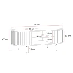 Technische Skizze des ovalen Couchtisches Linnea, die die genauen Abmessungen (104x47x56 cm) und Proportionen der Ablage für eine optimale Raumplanung detailliert darstellt.
