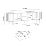 Technische Skizze des TV-Lowboards Linnea (2D1S), die die genauen Abmessungen (180x49x40 cm) und die Aufteilung für eine optimale Raumplanung detailliert darstellt.