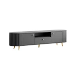 Detailansicht der eleganten, goldfarbenen Metallfüße, die das wuchtige schwarze TV-Lowboard Linnea optisch schweben lassen und Saugrobotern die Reinigung erleichtern.