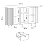 Technische Skizze des Sideboards Linnea (2D2S), die die genauen Abmessungen (150x79x40 cm) und die Aufteilung für eine optimale Raumplanung detailliert darstellt.