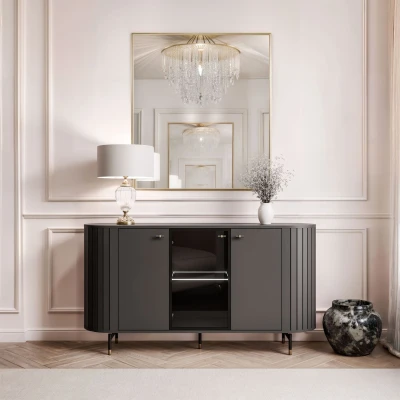 Sideboard LINNEA 150 cm 3D – LED Beleuchtung & Glasfront – Schwarz Matt
