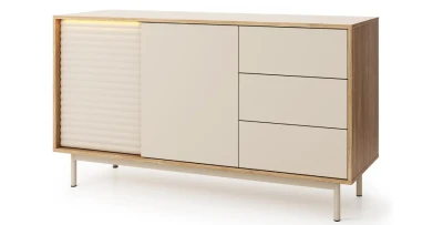 Sideboard Kommode TILA TI3 140 cm Kaschmir Geölte Eiche, mit LED-Beleuchtung, Schubladen, Geriffelte Fronten