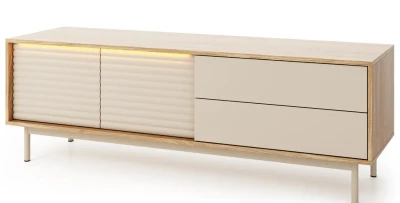 TV-Lowboard Fernsehtisch TILA TI4 160 cm Kaschmir Geölte Eiche, mit LED, Geriffelte Fronten, Schubladen