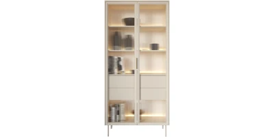 Vitrine LUMI 91 cm Kaschmir Gold, mit LED-Beleuchtung, Riffelglas, Push-to-Open
