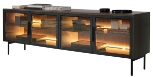 TV-Lowboard LUMI 181 cm Eiche Dunin Schwarz, mit LED-Beleuchtung, Glastüren, Push-to-Open