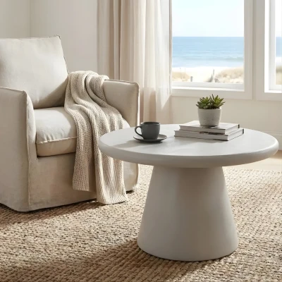 Couchtisch Ø 60 cm MIO Mikrozement Hellgrau mit Säulenfuß - Organisches Design