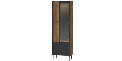 Vitrine mit Glassfront und Schubladen NERO P3 | mit Lamellen | Nussbaum Warmia & Schwarz | Loft industrial