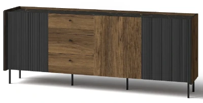 Sideboard / Lange Kommode mit Schubladen NERO P6 | mit Lamellen | Nussbaum Warmia & Schwarz | Loft industrial   