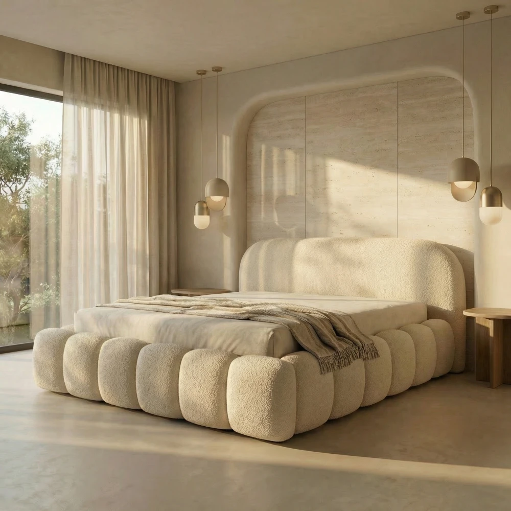 Modernes Schlafzimmer mit dem eleganten Polsterbett Orlando slim (140x200 cm) im trendigen Bouclé-Stoff Quelle, gemütlich arrangiert.