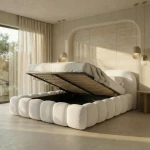 Modernes Schlafzimmer mit dem eleganten Doppelbett Orlando slim (160x200 cm) im trendigen Bouclé-Stoff Quelle, gemütlich arrangiert.