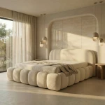 Modernes Schlafzimmer mit dem eleganten, großen Polsterbett Orlando slim (180x200 cm) im trendigen Bouclé-Stoff Quelle, gemütlich arrangiert.