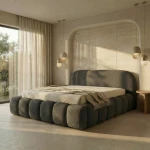 Modernes Schlafzimmer mit dem eleganten XXL-Polsterbett Orlando slim (200x200 cm) im trendigen Bouclé-Stoff Quelle, gemütlich arrangiert.