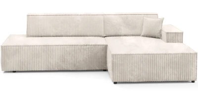 Designer Ecksofa Tilia mit Schlaffunktion, Trend-Stoff Cord, geometrisches Design mit Keder