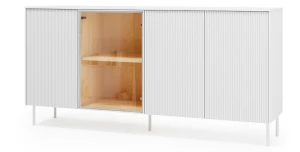 Breites Sideboard / Kommode LIBA LB-04 (170 cm) – Weiß geriffelt & Glas inkl. LED