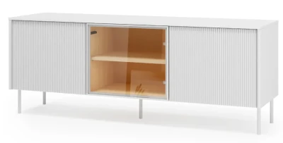 Modernes TV-Lowboard LIBA LB-06A (147 cm) – Weiß geriffelt & Glas inkl. LED
