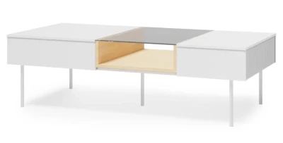 Großer Couchtisch LIBA LB-07 (132 cm) – Weiß geriffelt mit Glasablage