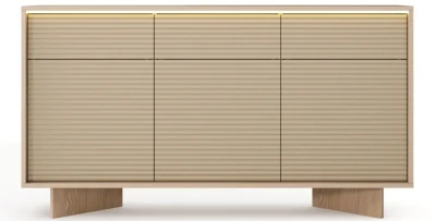 Sideboard 154x84 cm SEMI Kommode 3 Türen 3 Schubladen Cappuccino Rillenfront LED